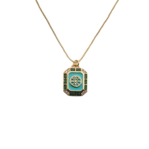Collier plaqué or avec pendentif carré en émail turquoise et pierres vertes