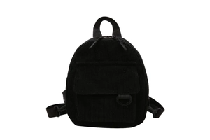 Minimalist black corduroy backpack for women featuring a retro design and D-ring detail