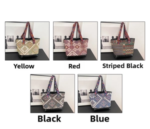 Detailed grid view showcasing five ethnic geometric pattern variations of the tote bag