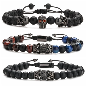Beaded Bracelet Natural Tiger Eye Volcanic Stone Copper Micro Pave Crown Skull Adjustable Braided Rope Gothic For Men