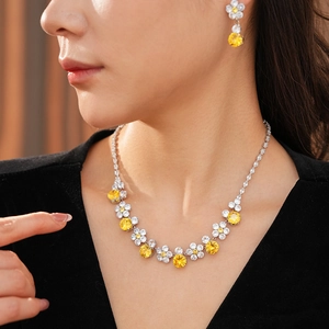 Close-up of model wearing floral zircon necklace and earrings in silver finish