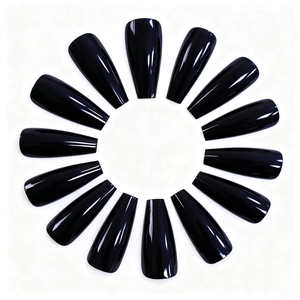 Glossy black long coffin shape press-on nails set arranged in a circular layout