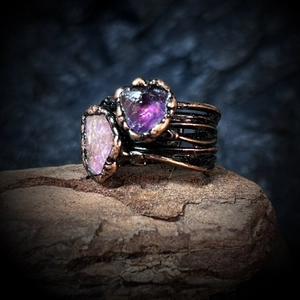 Vintage amethyst raw stone ring with handmade bronze wire wrap and antique finish
