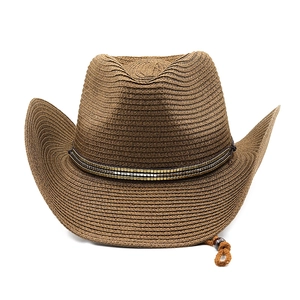 Classic dark brown western straw cowboy hat with metallic studs and adjustable chin strap