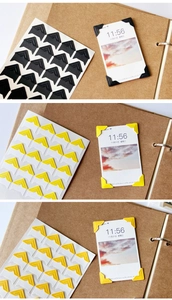 Detail view of self-adhesive photo corners in black, yellow, and gold for DIY scrapbooking