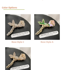 Detailed macro view of gold-plated rose hair claw with intricate enamel petals and rhinestones
