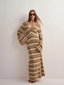 Abito Lungo In Maglia Da Donna Scollo A V Maniche A Campana Stampa Chevron Boho Elegante Vestito