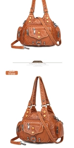 Detail view of brown vintage washed leather handbag with multiple pockets and rivets