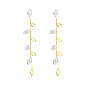 Elegant gold-tone long fringe drop earrings with white pearls and hollow leaf charms