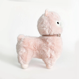 Cute pink alpaca plush toy with brown leather collar on a clean white background