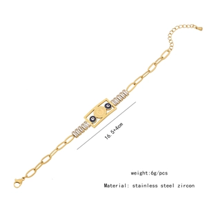 Detail showing dimensions 16.5 plus 4cm and weight 6g of gold evil eye zircon bracelet