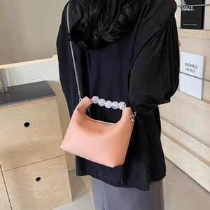 Women Mini Crossbody Bag Litchi Pattern PU Leather Beaded Handle Silver Chain Shoulder Handbag Trendy Hobo Purse