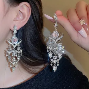 Baroque Heart Chandelier Tassel Earrings Alloy Rhinestone Pink Crystal With 925 Sterling Silver Earring Post For Women