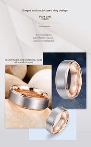 Macro view of bicolor tungsten carbide ring with silver brushed finish and rose gold edges