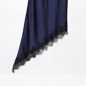 Navy blue satin dress with black eyelash lace trim and an asymmetrical hemline details