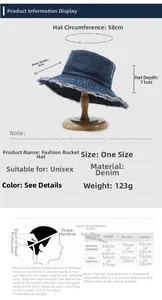 Detailed size guide for denim bucket hat showing brim, depth, and circumference specs