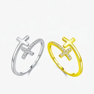 Bague Double Croix En Argent Sterling 925 Pour Femmes Pavé Zircon Ajustable Anneau Ouvert Bijoux De Mode Cadeau