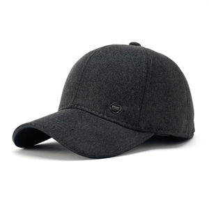 Men's wool baseball cap in dark grey with sport metal badge for autumn and winter