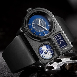 Oulm oversized sports watch for men with dual time display and black silicone strap