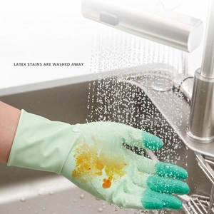 Waterproof green latex cleaning gloves with non-slip texture for kitchen dishwashing