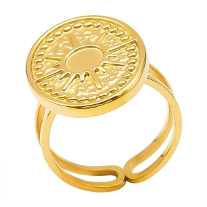 Macro detail of adjustable gold sunburst medallion ring in 304 stainless steel