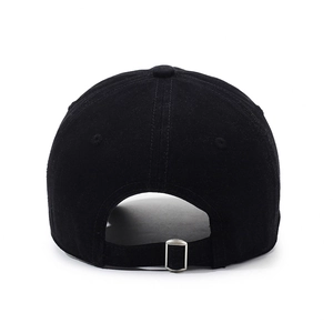 Classic black cotton baseball cap showing back view with adjustable metal buckle strap