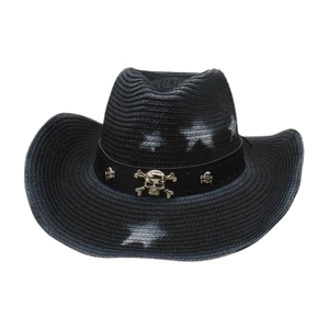 Black western straw cowboy hat with white star print and skull metallic ornaments