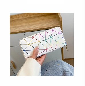 Detail of laser geometric long wallet with rainbow reflection and secure zip closure
