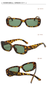 Three views of hawksbill sunglasses with green lenses showing front, side, and back angles