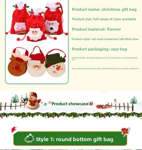 Detail view of four velvet Christmas gift bags featuring Santa, snowman, and reindeer