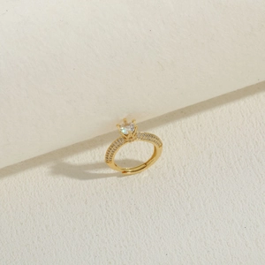 Detailed view of luxury zircon wedding ring with 14K gold plating and pavé setting