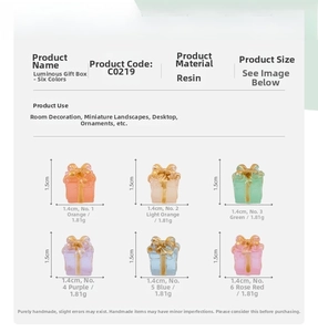 Detailed view of six colorful resin luminous gift box miniatures for DIY micro landscapes