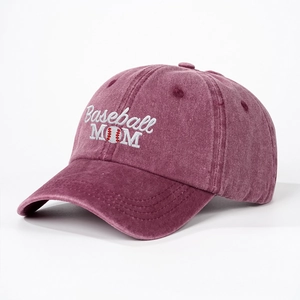 Close-up of Baseball MOM embroidery on washed burgundy vintage cotton baseball cap