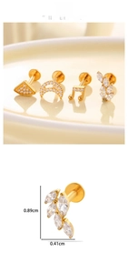 Detailed view of cubic zirconia leaf earring with precise dimensions of 0.89cm by 0.41cm