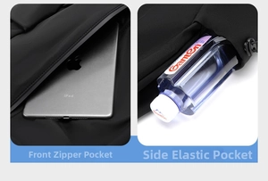 Detail of waterproof backpack showing front zipper pocket and adjustable side water bottle pocket