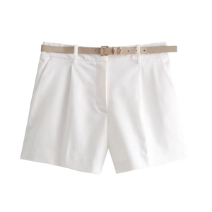 Women's white pleated summer shorts with thin beige belt and gold buckle detailing