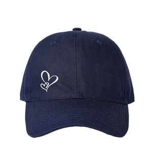 Classic navy blue cotton baseball cap featuring a white double heart logo embroidery