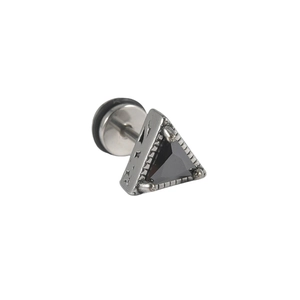 Minimalist silver triangle stud earring with black zircon stone and secure screw back