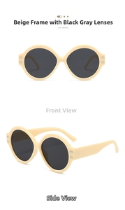 Vistas detalladas frontal y lateral de gafas de sol redondas color beige con lentes grises