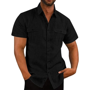 Men's short sleeve black linen shirt with chest pockets and classic lapel collar