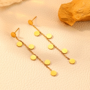 Elegant 18k gold plated stainless steel long chain drop earrings with flat disc charms