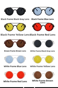 Detailed grid of steampunk round sunglasses featuring various colored lenses and side shields