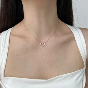 Elegant rose gold S925 sterling silver heart pendant necklace with white pavé stones