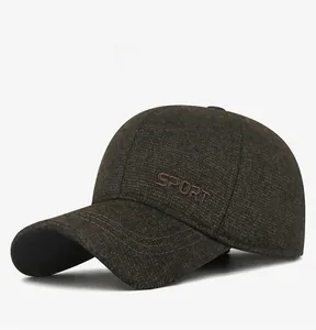 Side view of men's dark brown textured winter baseball cap with SPORT embroidery