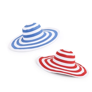 Wide brim striped straw sun hats in blue and red stripes for summer sun protection