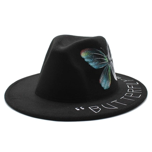 Black wool felt fedora hat featuring hand-painted colorful butterfly and butterfly text