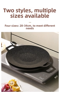 Non-stick maifan stone round grill pan detail showing four sizes from 28cm to 34cm