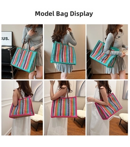 Close-up detail of multi-color striped woven tote bag with premium leather handles