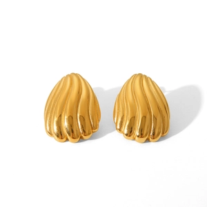 Polished 18k gold plated stainless steel stud earrings with elegant striped shell texture