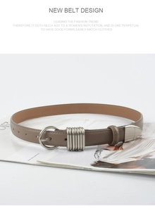 Detail of coffee brown leather belt with metallic wire wrap and silver needle buckle